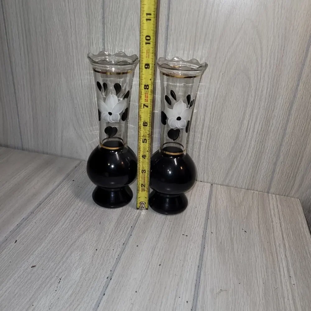 Vtg 1933 Elegant Black and White Hand Painted Floral Glass Vases Gold Trim - Picture 5 of 5